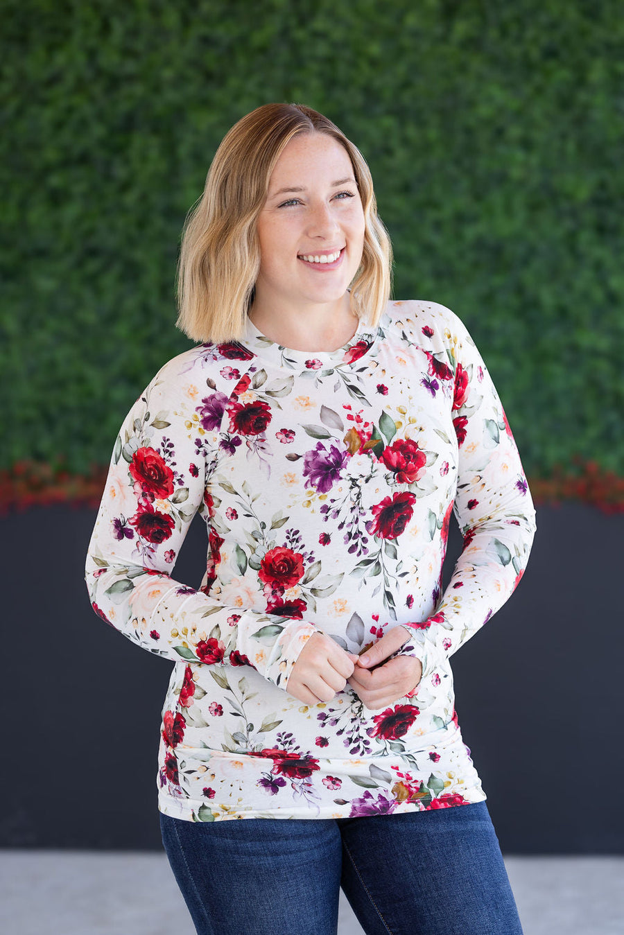 WAREHOUSE Blair Long Sleeve Top - Burgundy Bloom