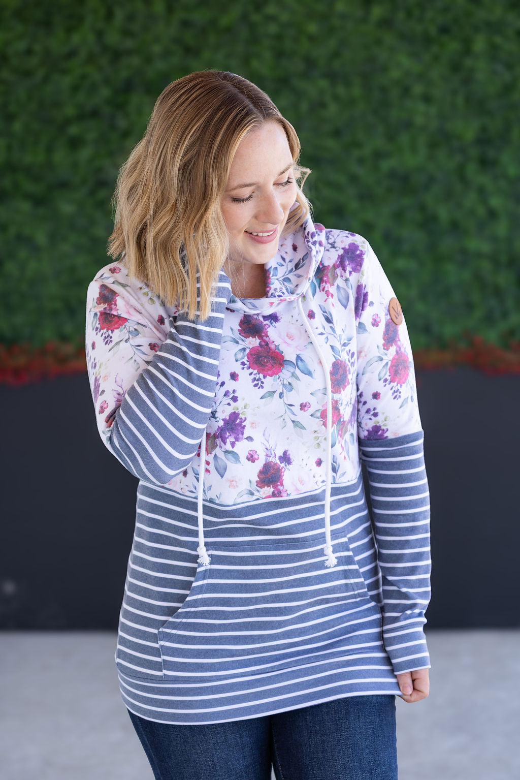 WAREHOUSE Hailey Pullover Hoodie - Burgundy Bloom and Grey Stripes