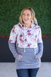 WAREHOUSE Hailey Pullover Hoodie - Burgundy Bloom and Grey Stripes