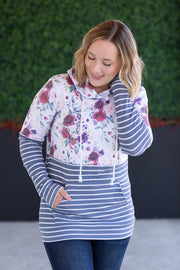 WAREHOUSE Hailey Pullover Hoodie - Burgundy Bloom and Grey Stripes