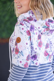 WAREHOUSE Hailey Pullover Hoodie - Burgundy Bloom and Grey Stripes