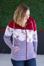 WAREHOUSE Colorblock Fullzip - Burgundy, Burgundy Bloom, and Plum Stripes