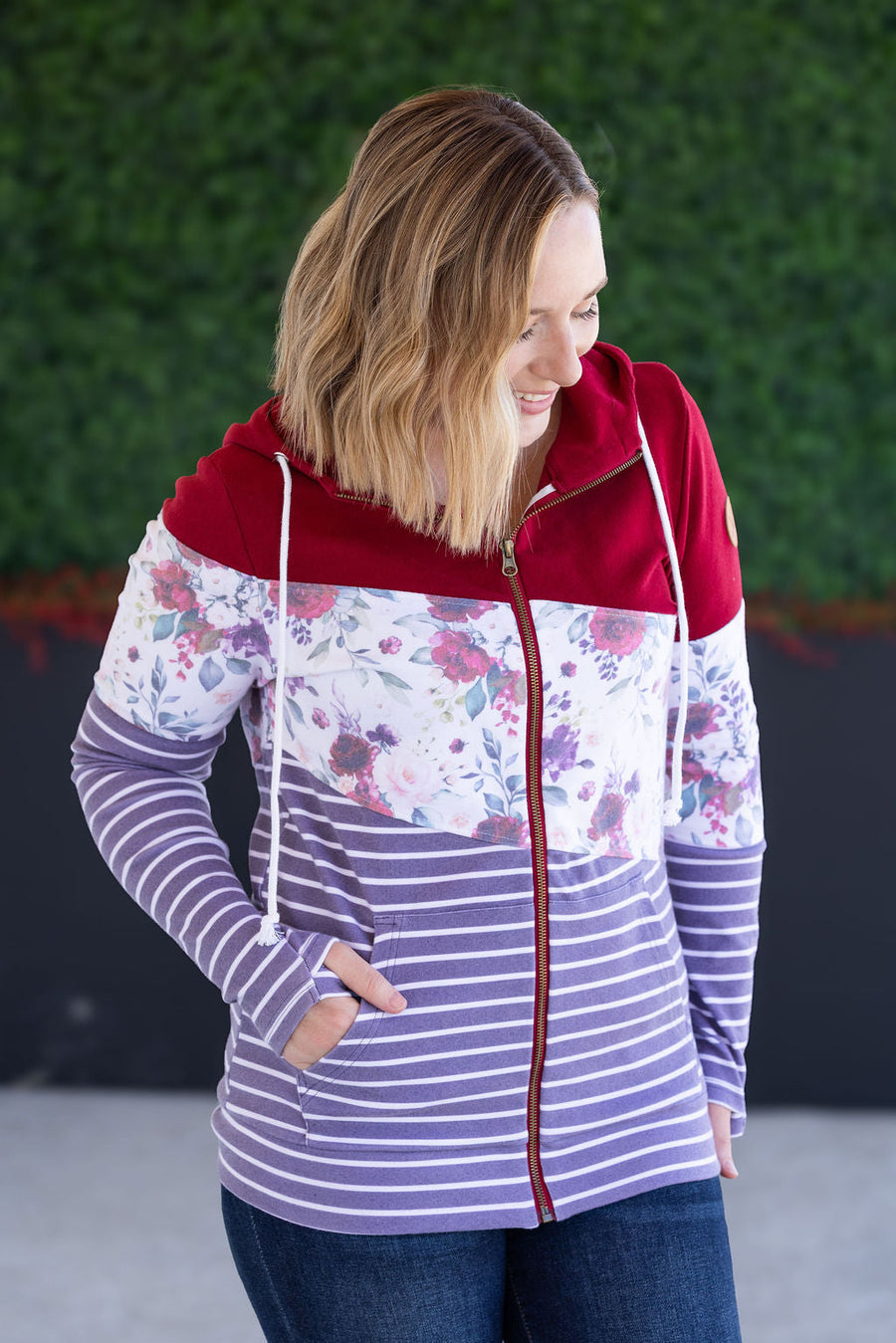 WAREHOUSE Colorblock Fullzip - Burgundy, Burgundy Bloom, and Plum Stripes
