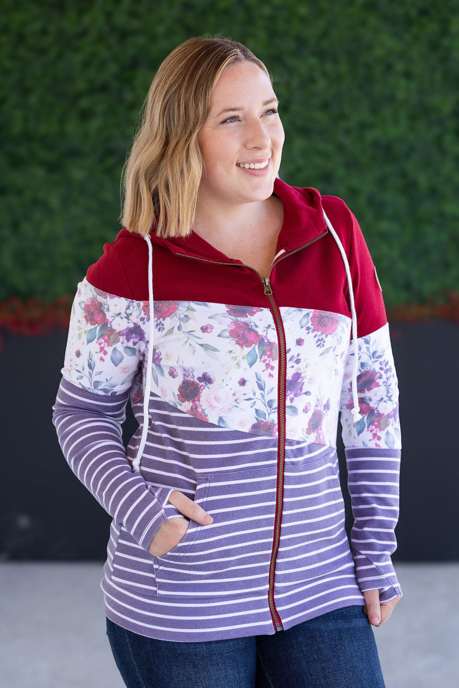WAREHOUSE Colorblock Fullzip - Burgundy, Burgundy Bloom, and Plum Stripes