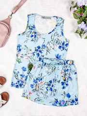 WAREHOUSE Luxe Crew Tank - Light Blue Floral Bliss