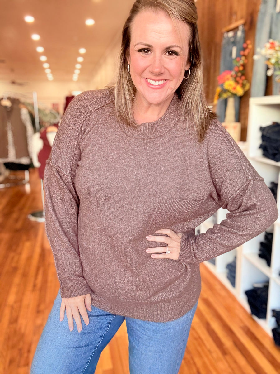 Melange Hi-Low Hem Pocket Sweater- Chocolate
