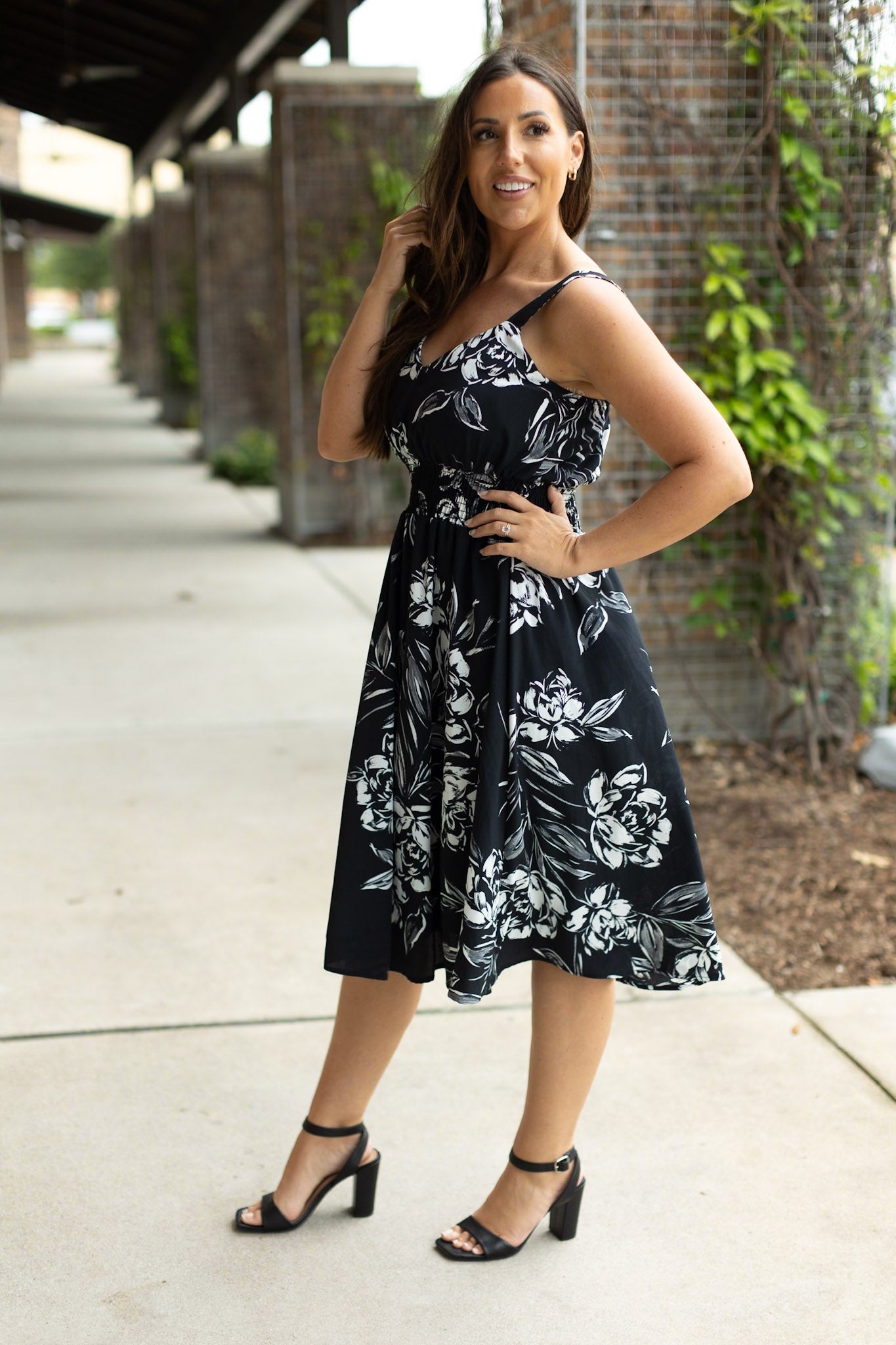 WAREHOUSE Cassidy Midi Dress - Black and White Floral | Women’s Dress
