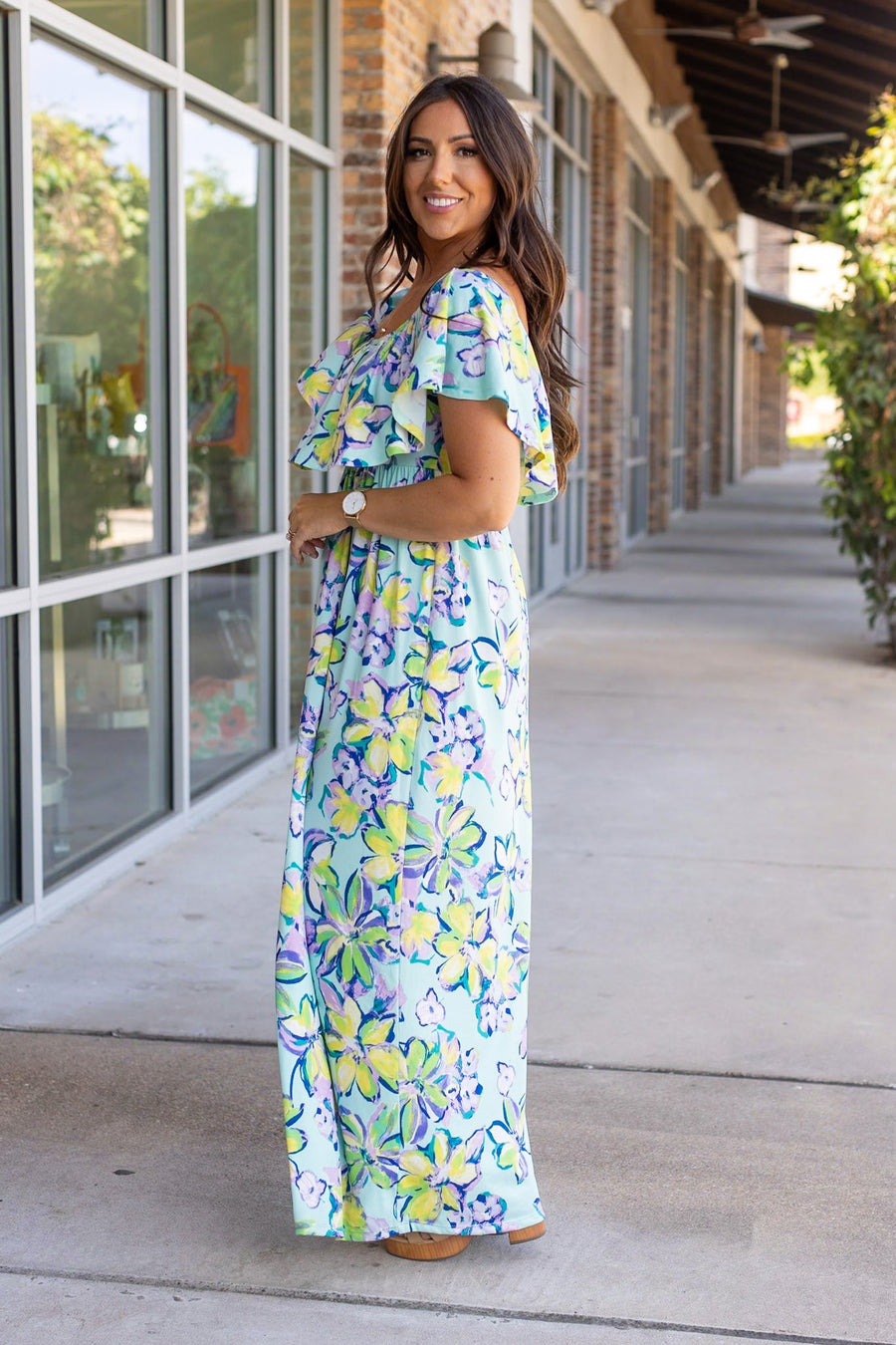 Oakley Off The Shoulder Maxi Dress - Mint Floral