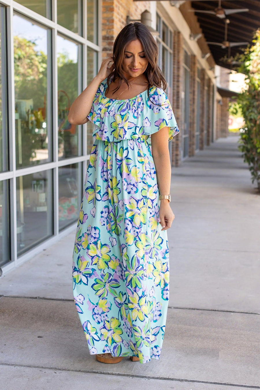 Oakley Off The Shoulder Maxi Dress - Mint Floral