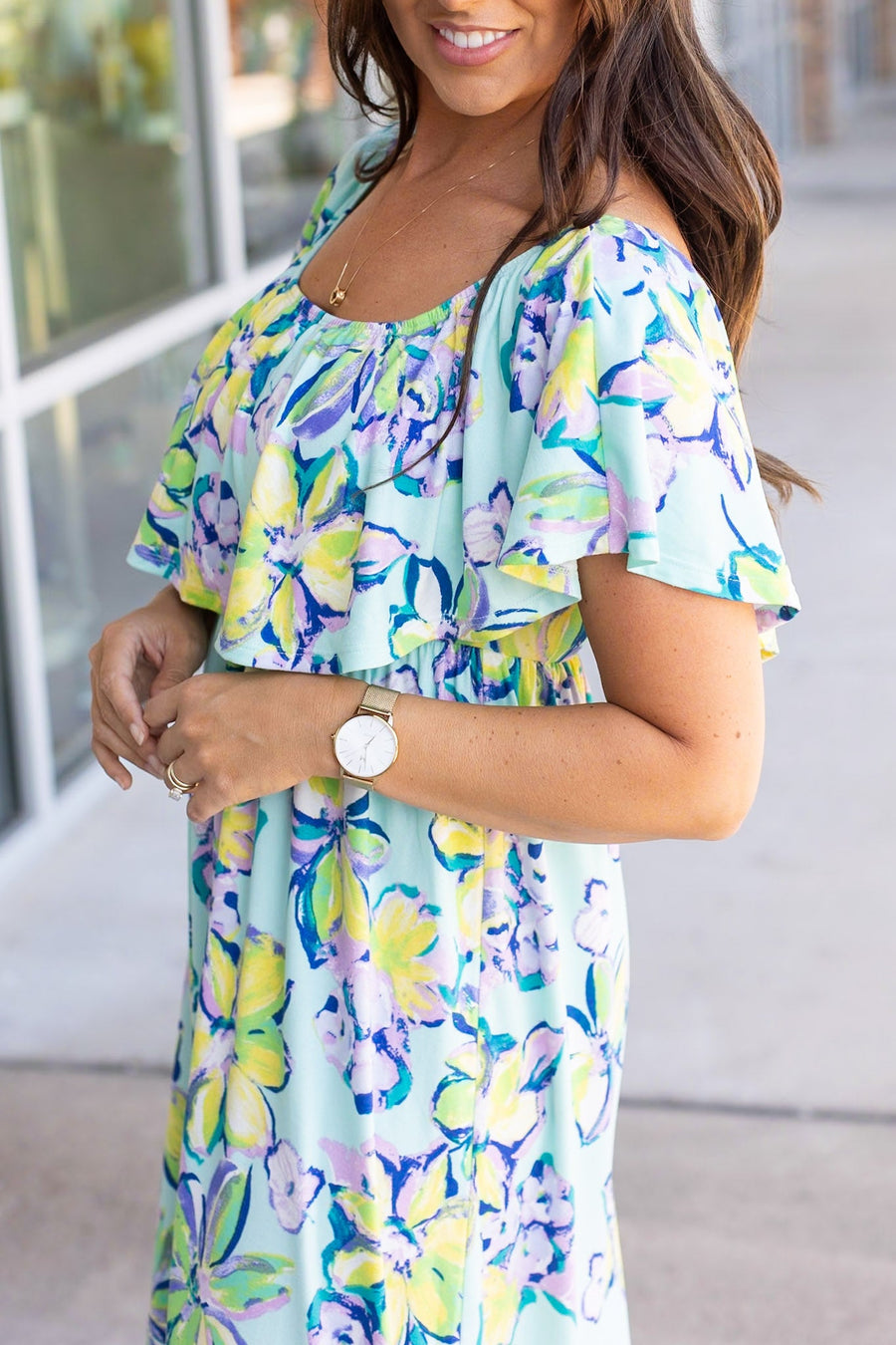 Oakley Off The Shoulder Maxi Dress - Mint Floral