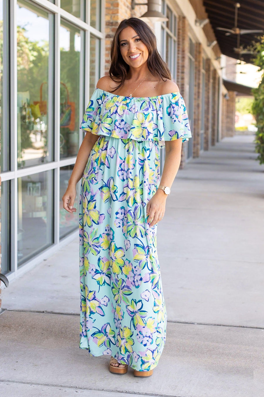 Oakley Off The Shoulder Maxi Dress - Mint Floral
