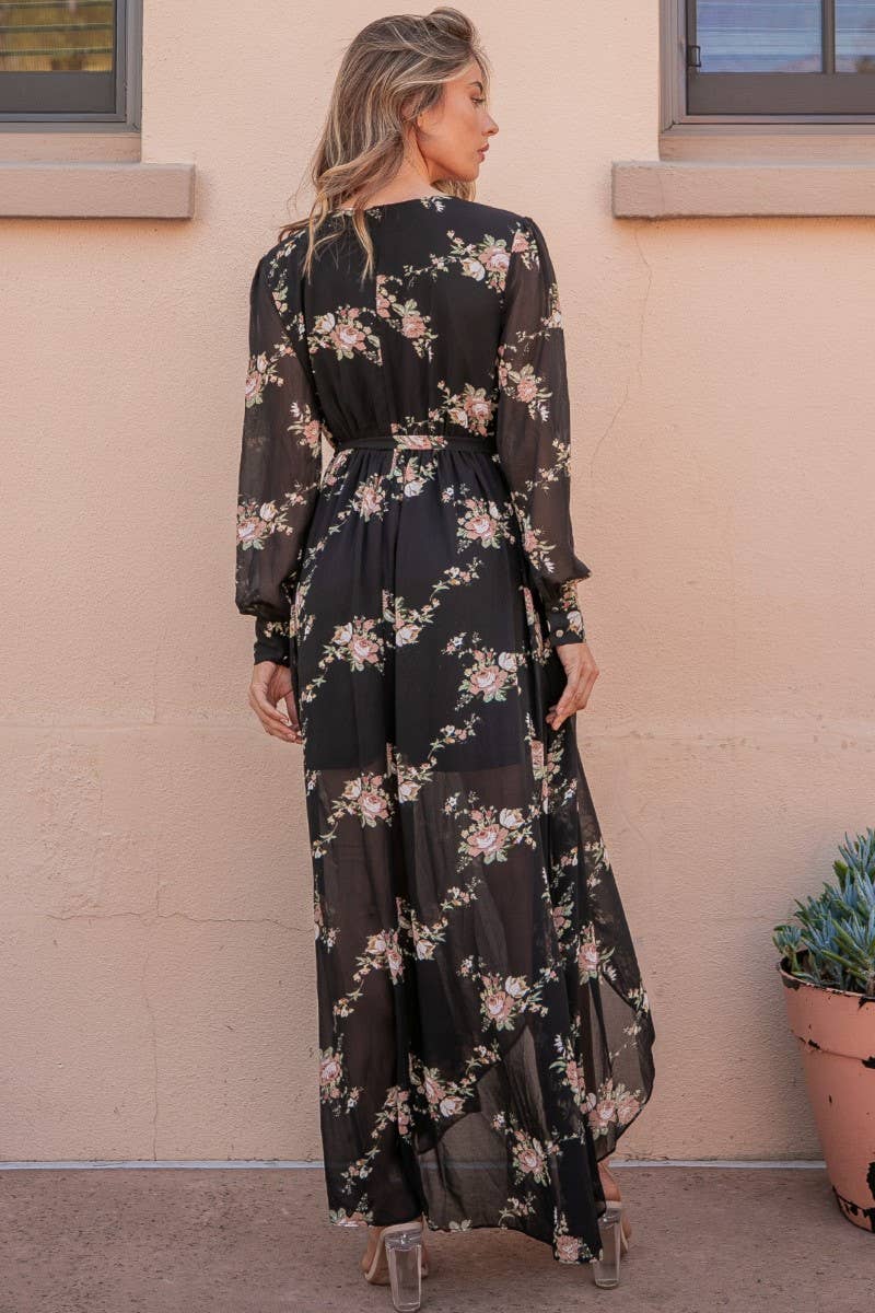 Faux Wrap Hi Low Dress- Black Floral