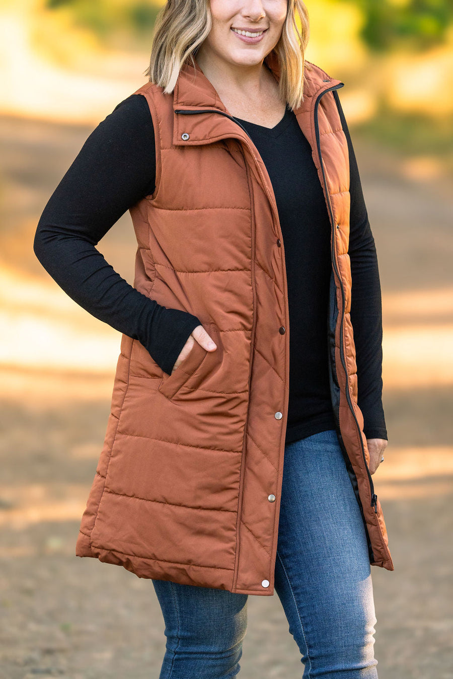 WAREHOUSE Harlow Long Vest - Cinnamon