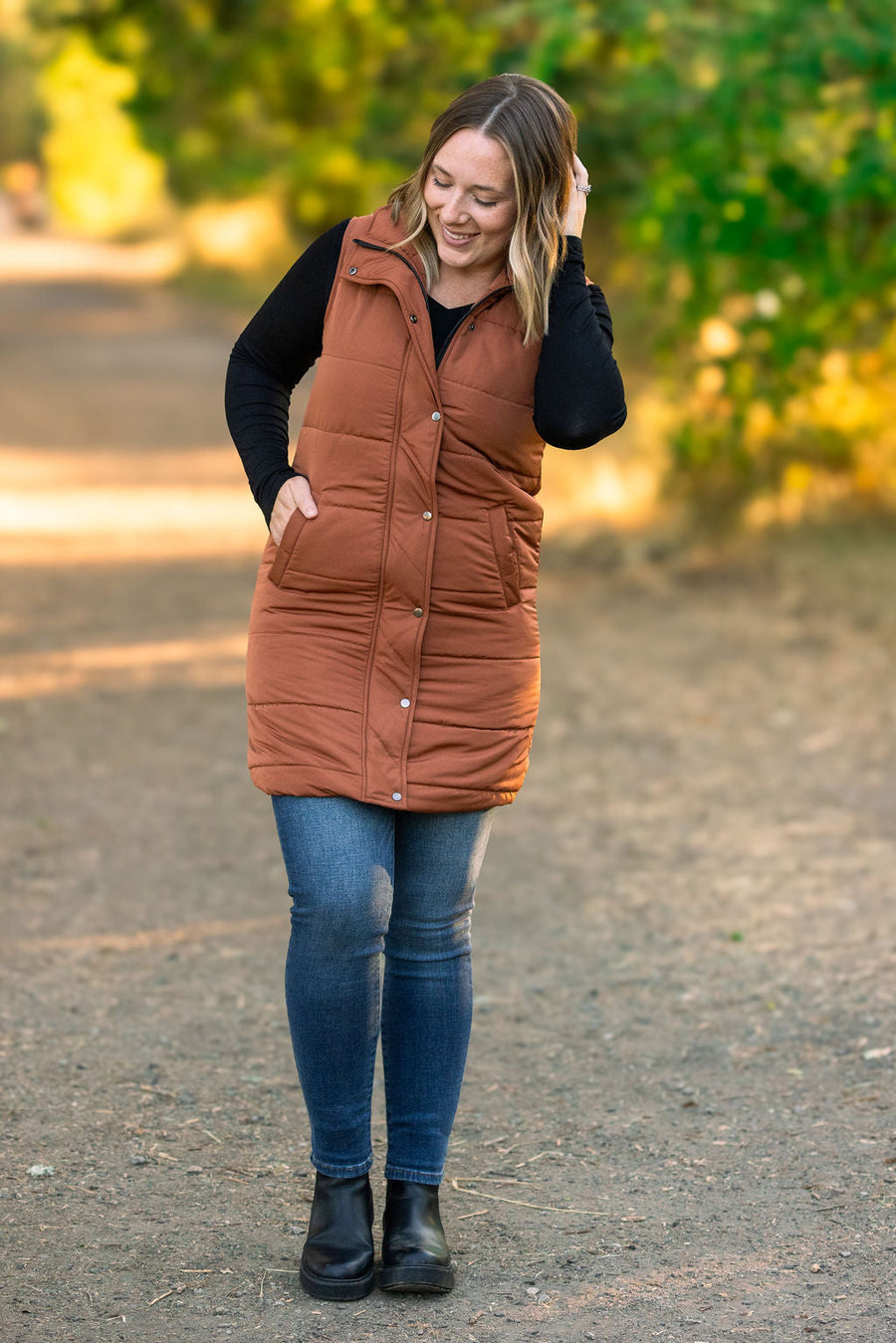 WAREHOUSE Harlow Long Vest - Cinnamon