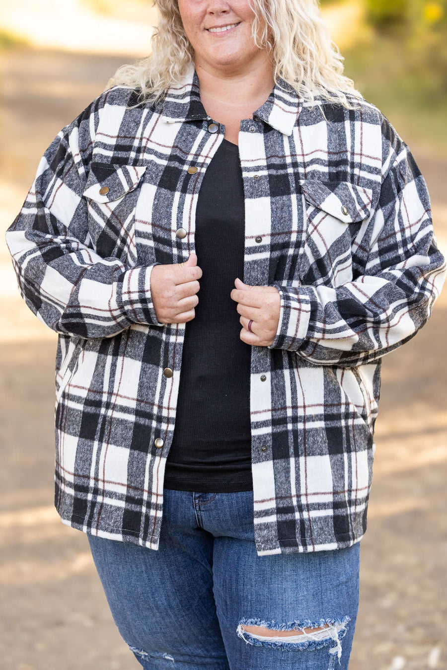 WAREHOUSE Norah Plaid Shacket - Ivory and Black