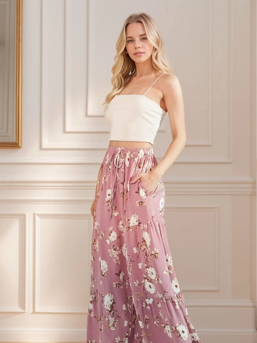 Wide Leg Floral Pant- Mauve