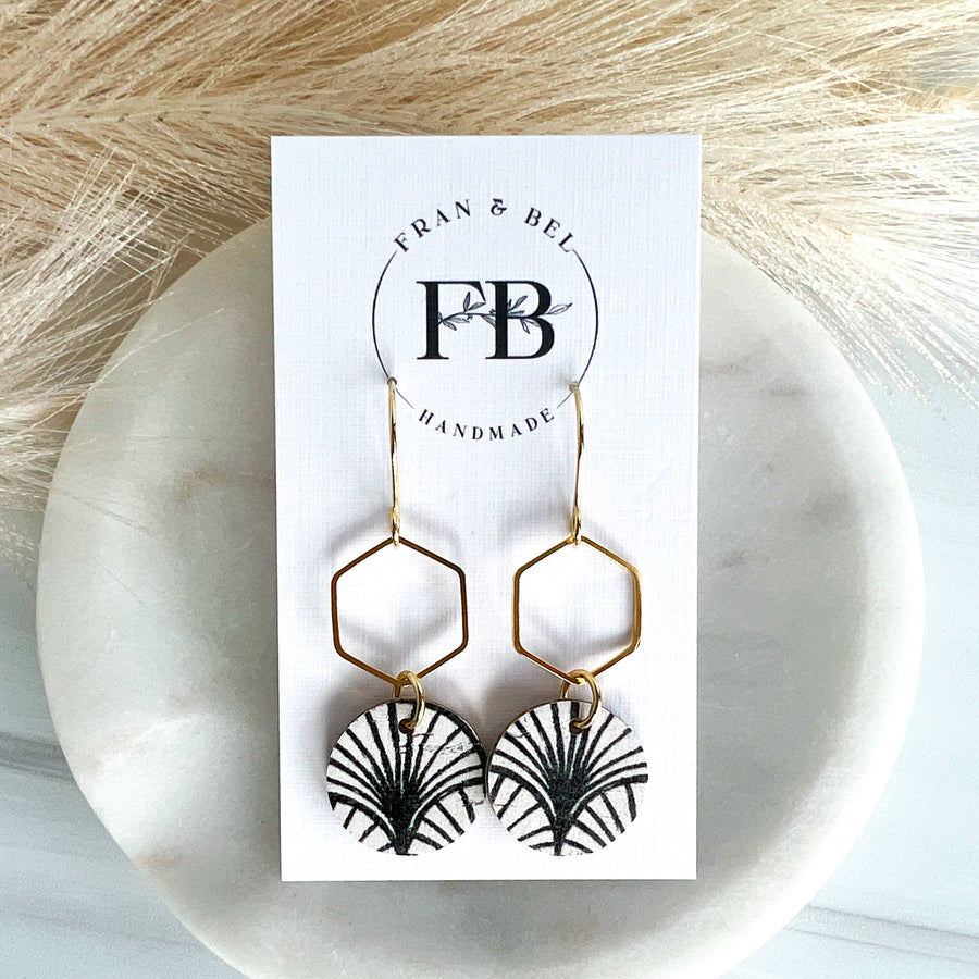 Black and White Boho Arch Leather Circle Hexy Earrings: Gold
