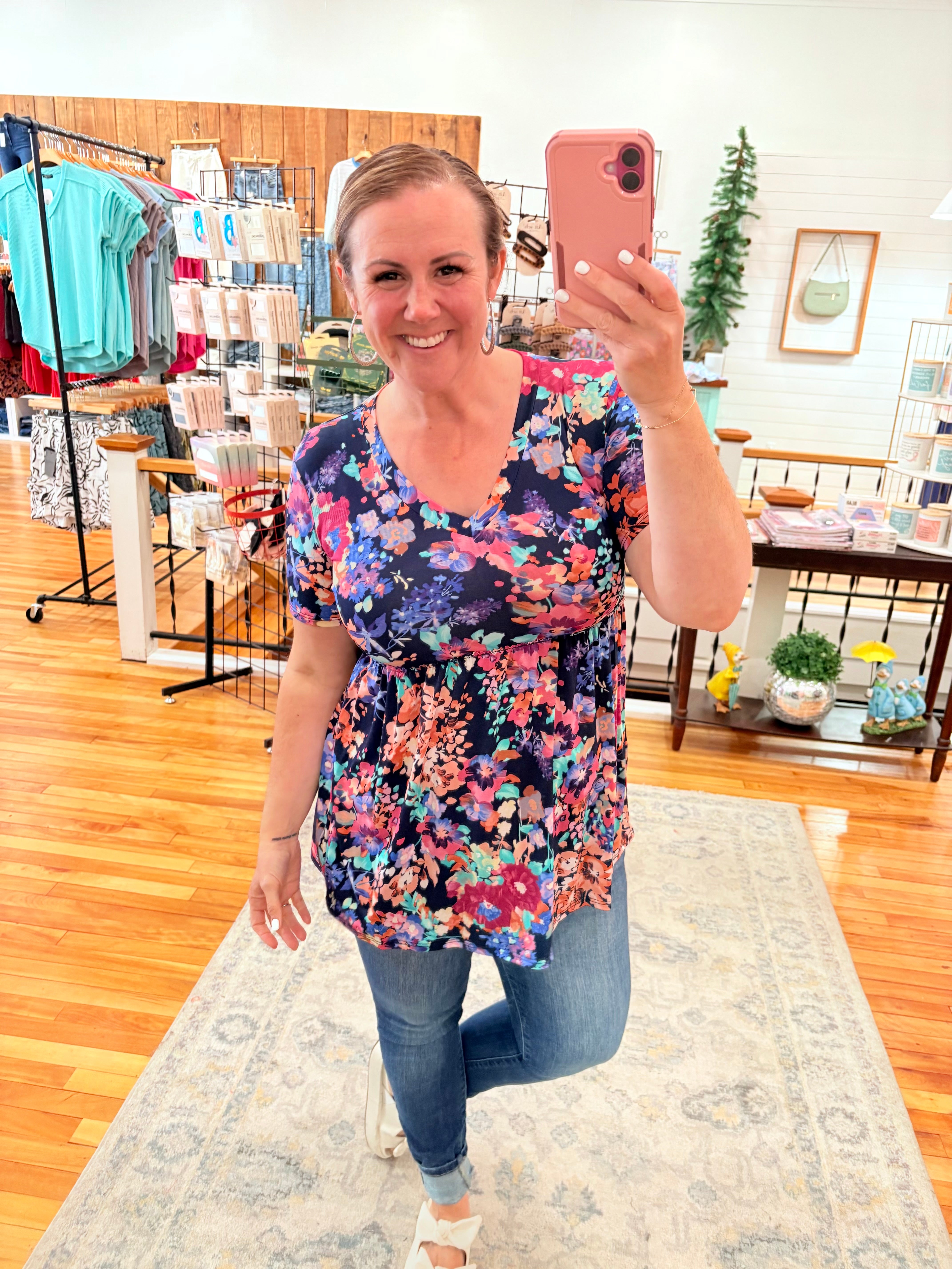 Floral V Neck- Navy