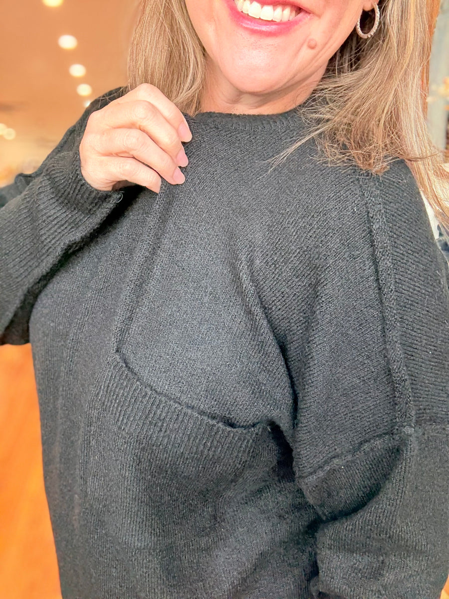 Melange Hi-Low Hem Pocket Sweater- Black