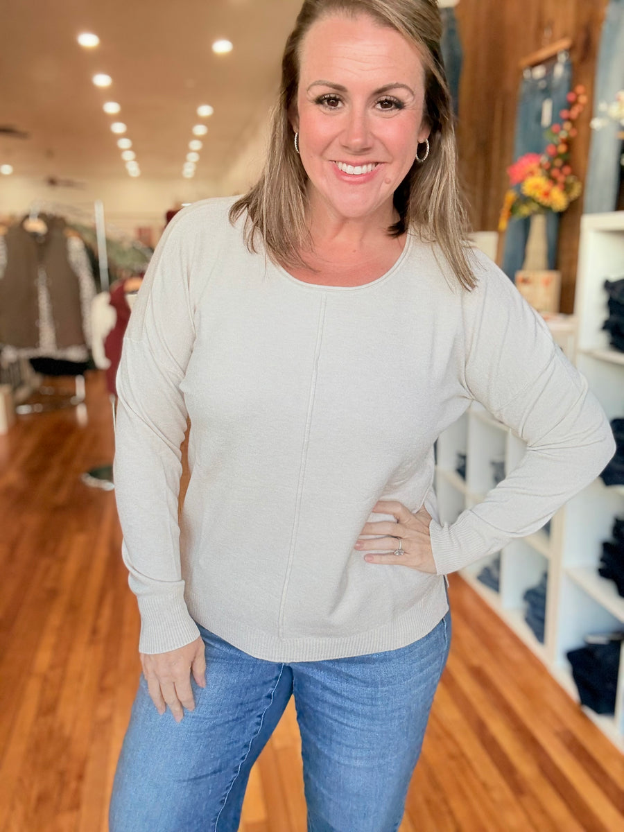 Front Seam Sweater with Side Slits- Sand