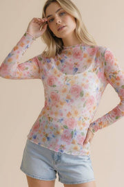 Sheer Mesh Top- Coral & Yellow Floral