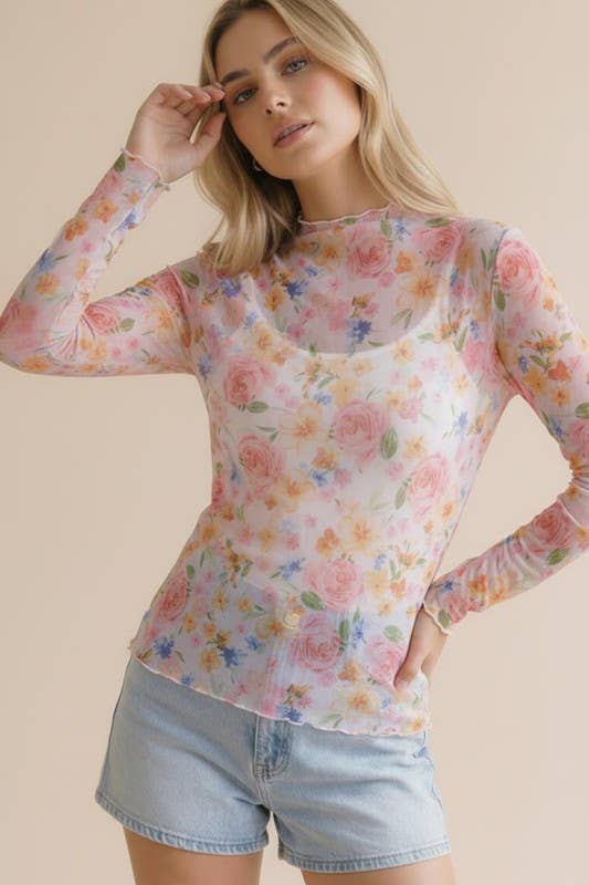 Sheer Mesh Top- Coral & Yellow Floral