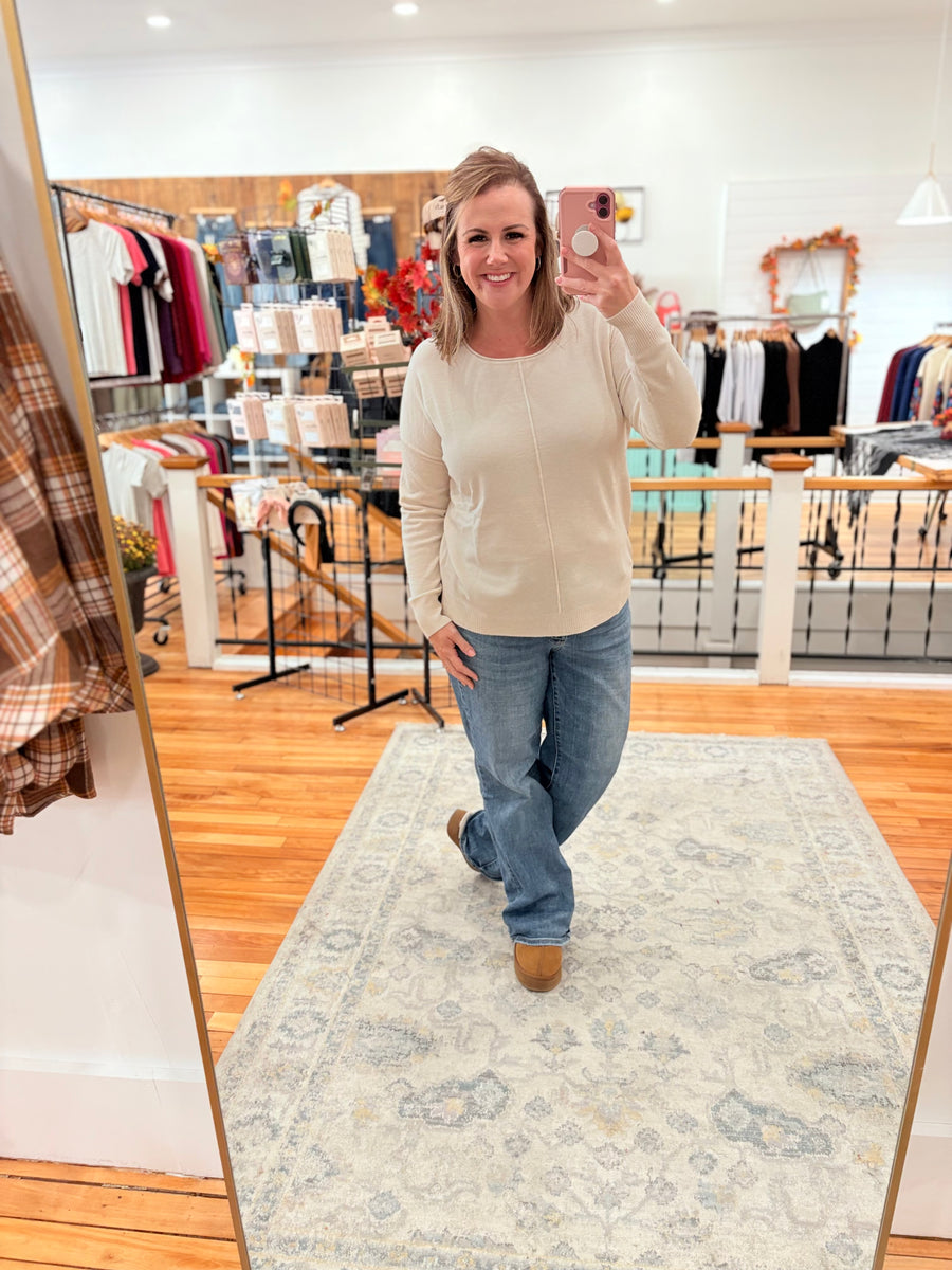 Front Seam Sweater with Side Slits- Sand