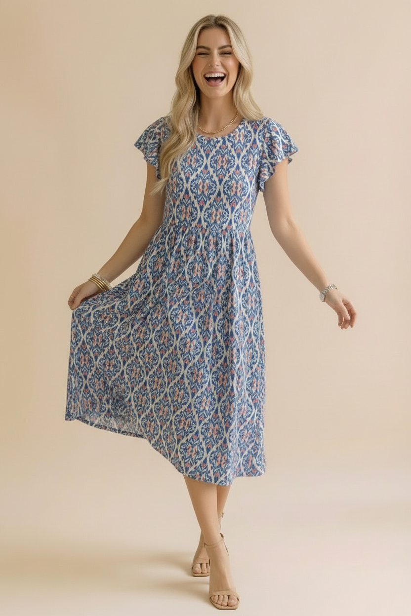 Ruffle Sleeve Babydoll Dress- Ivory & Blue