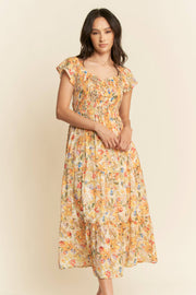 Smocked Bodice Flutter Sleeve Midi Dress- Sunshine Floral