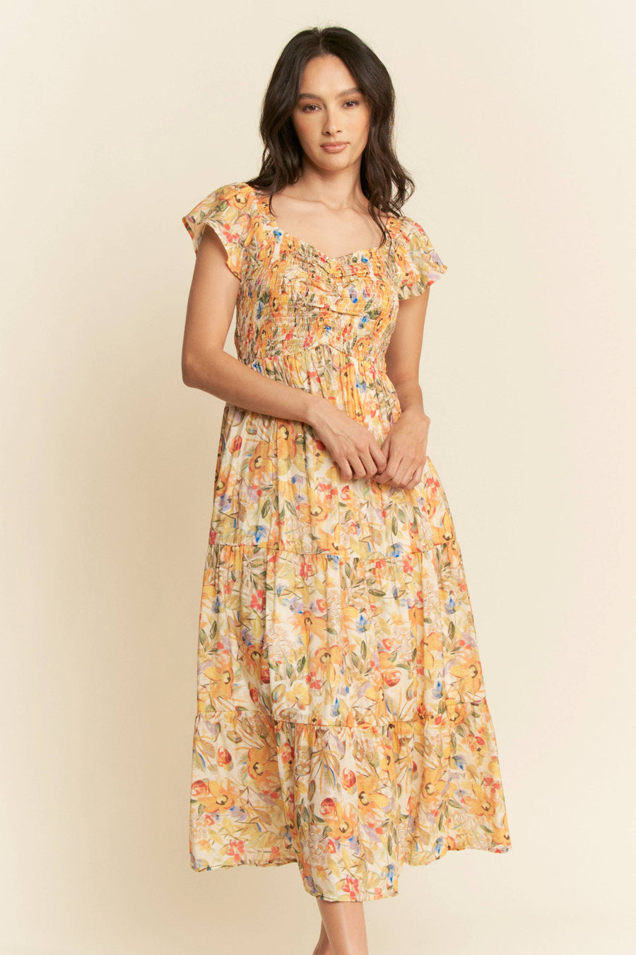 Smocked Bodice Flutter Sleeve Midi Dress- Sunshine Floral