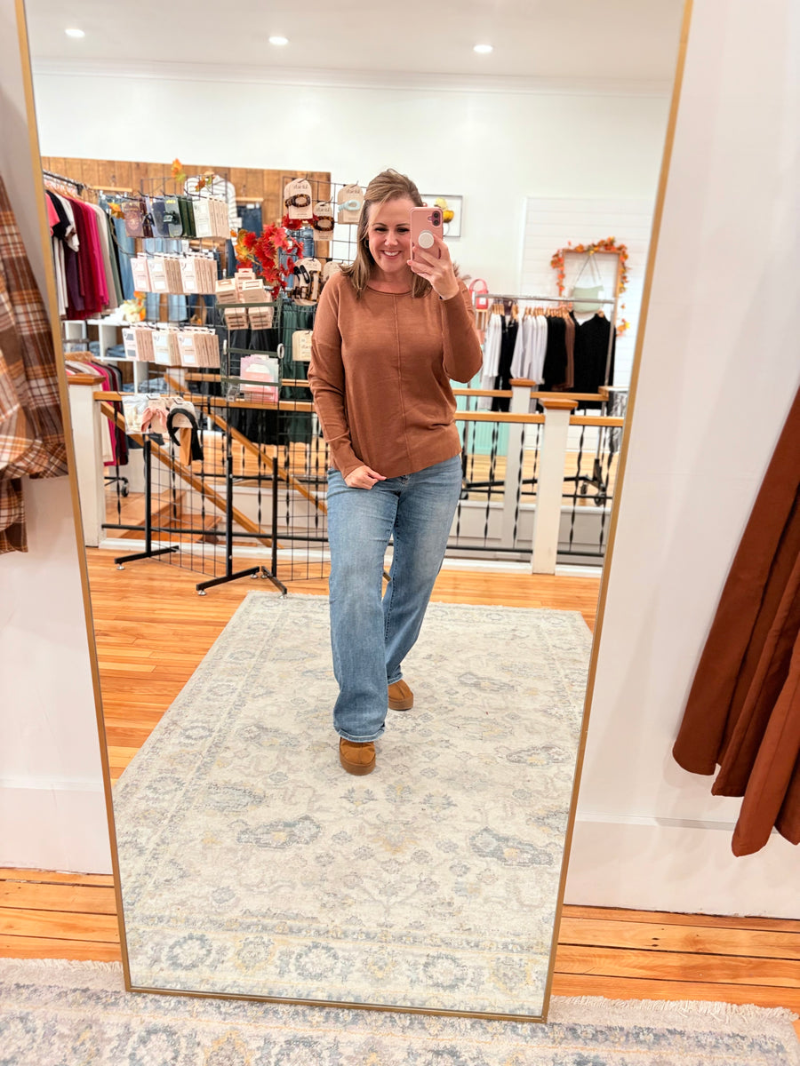 Front Seam Sweater with Side Slits- Camel