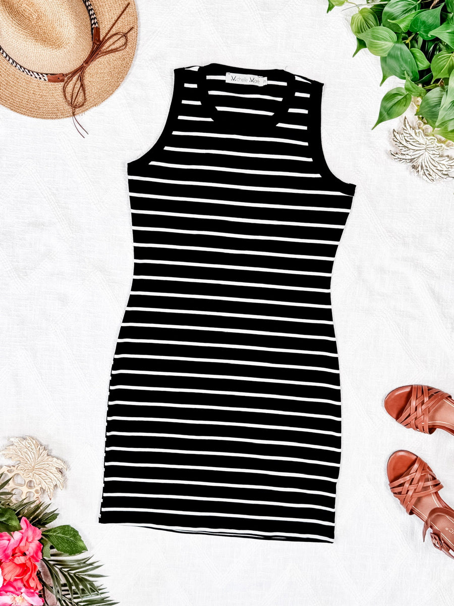 WAREHOUSE Mariah Ribbed Dress - Black Stripes