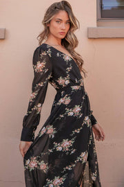 Faux Wrap Hi Low Dress- Black Floral