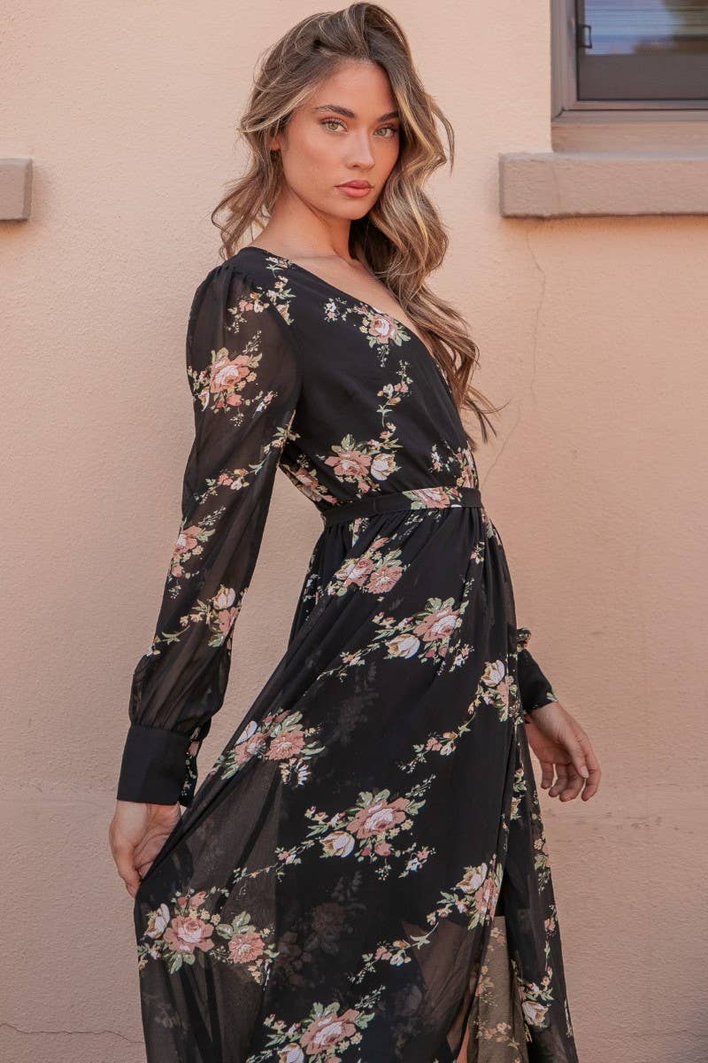 Faux Wrap Hi Low Dress- Black Floral