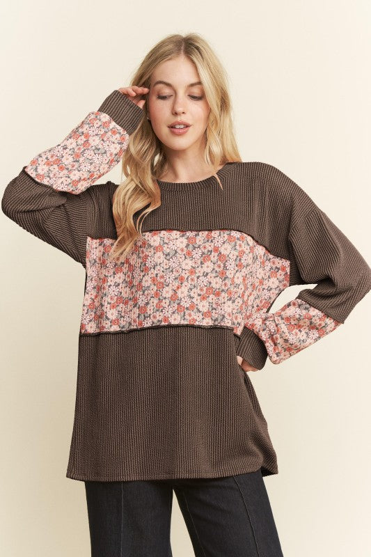 Urban Ribbed and Floral Top Cocoa