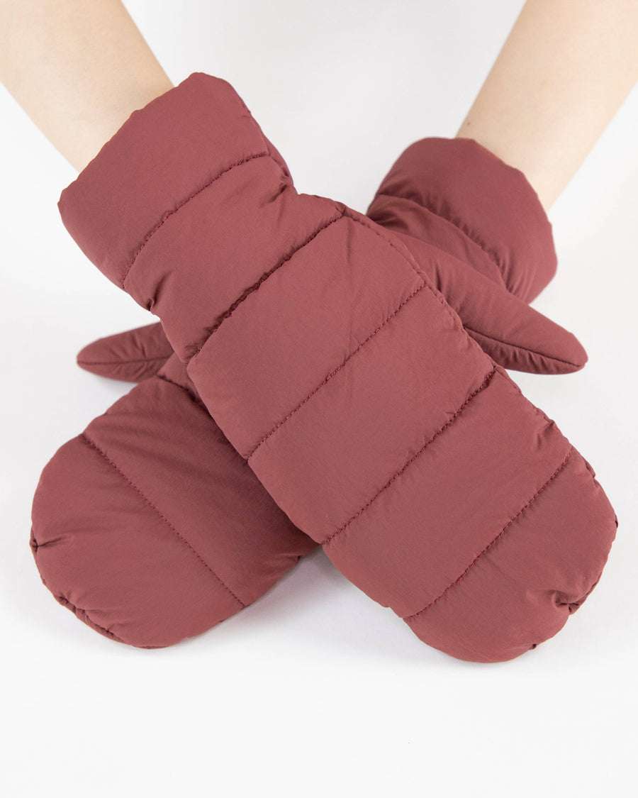 Solid Matte Ribbed Puffer Mittens  - BURGUNDY