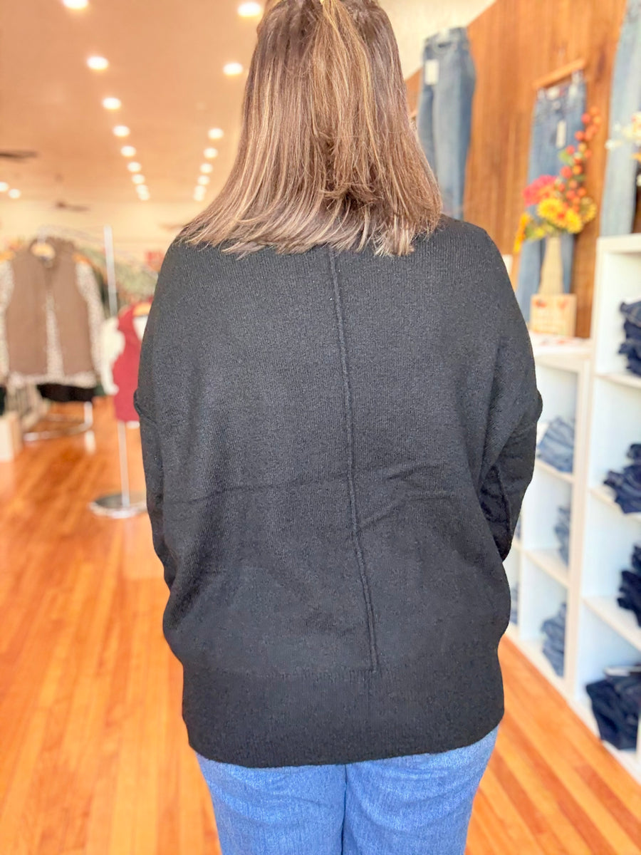Melange Hi-Low Hem Pocket Sweater- Black