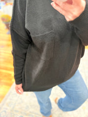 Melange Hi-Low Hem Pocket Sweater- Black