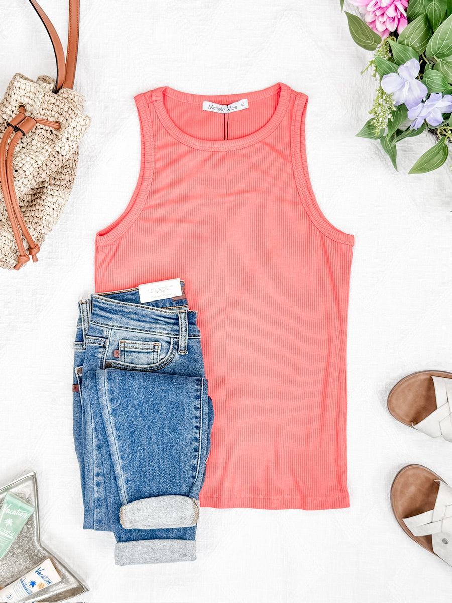 WAREHOUSE Tara Ribbed Tank - Coral