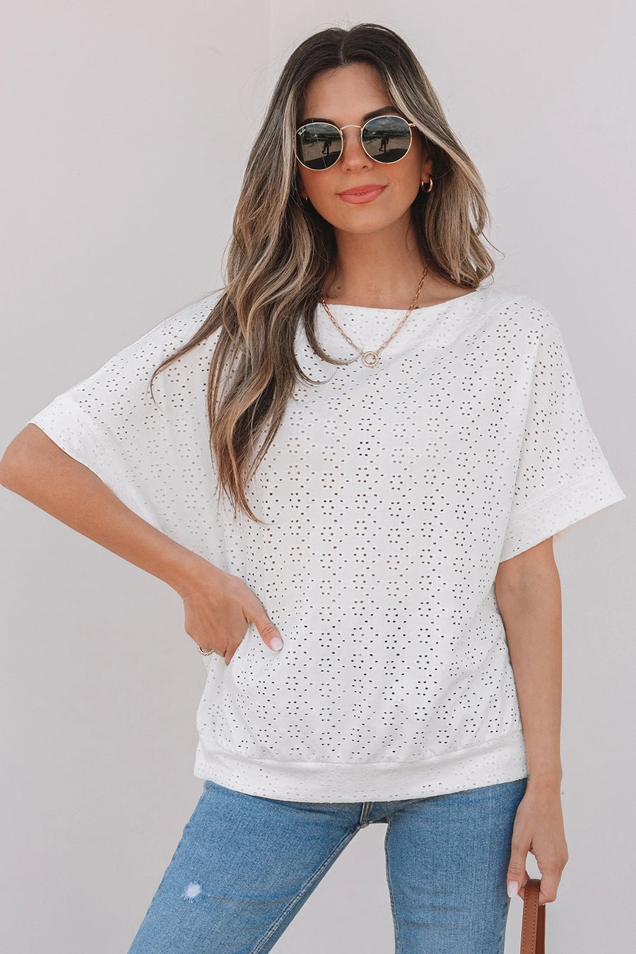 White Eyelet Boat Neck Tee