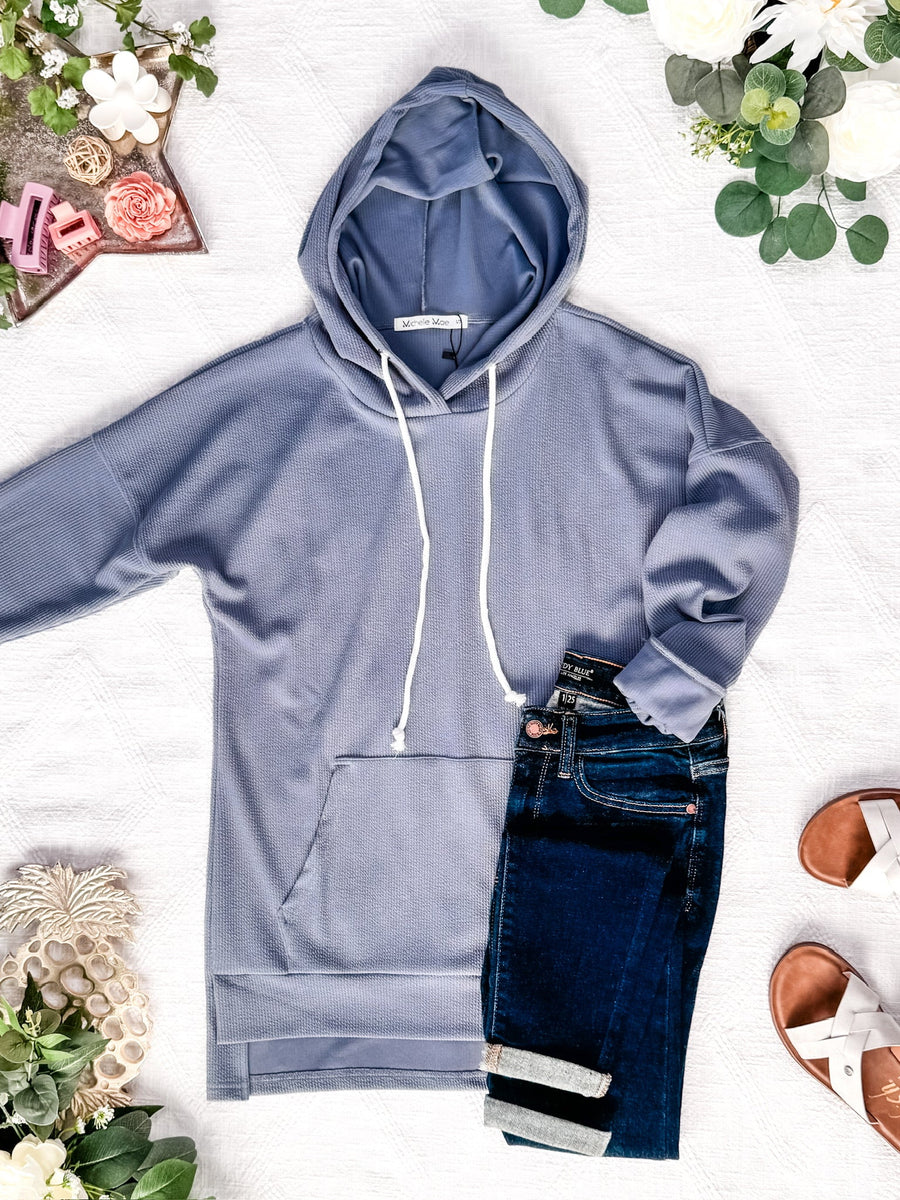 WAREHOUSE Kacey Ribbed Hoodie - Dusty Blue