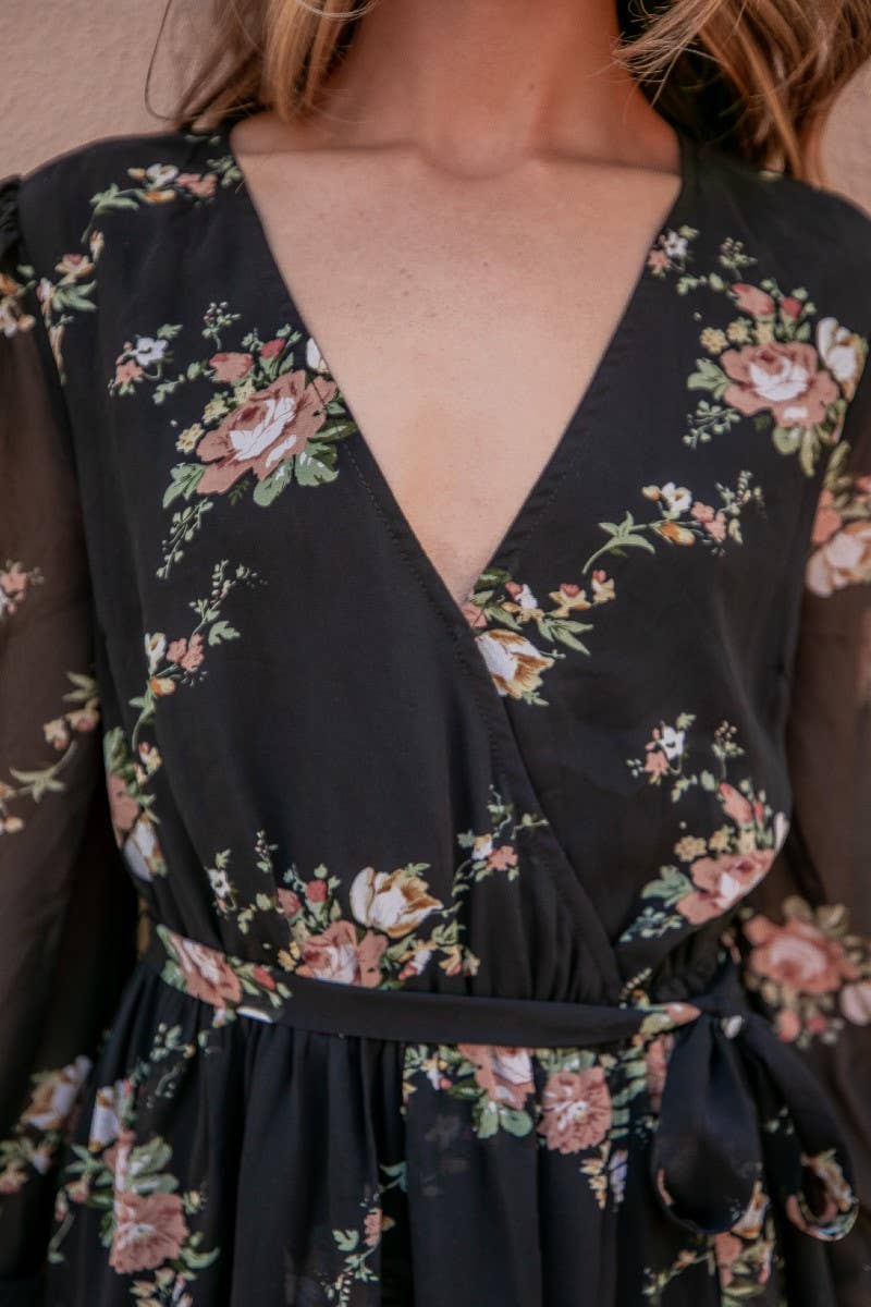 Faux Wrap Hi Low Dress- Black Floral