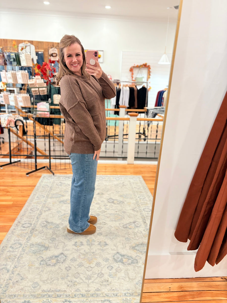 Melange Hi-Low Hem Pocket Sweater- Chocolate