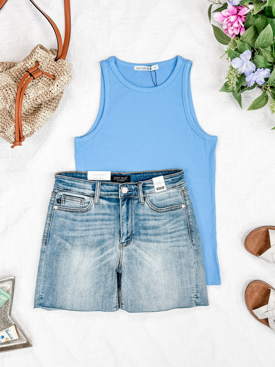 WAREHOUSE Tara Ribbed Tank - Light Blue
