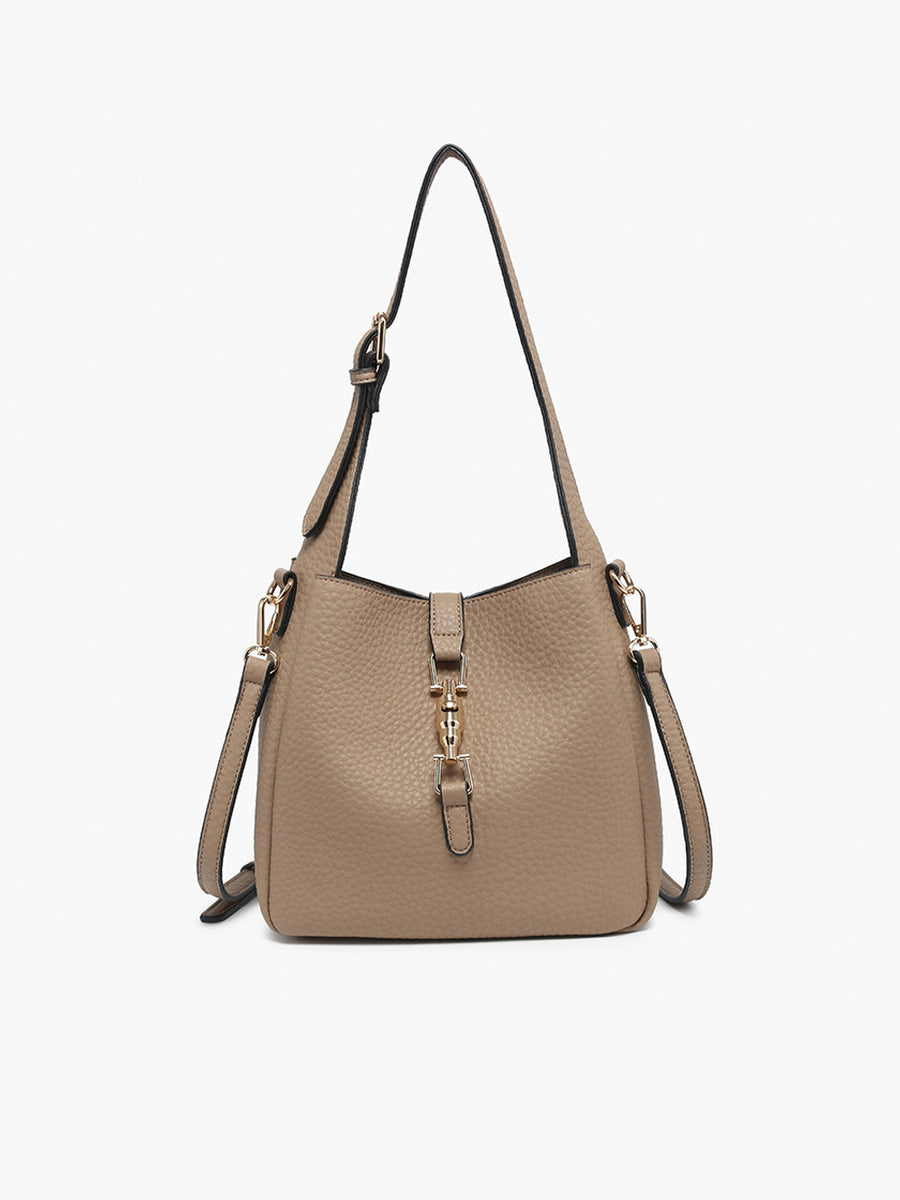 Agnes Press-Lock Satchel w/ Inner Bag & Crossbody Strap- Taupe