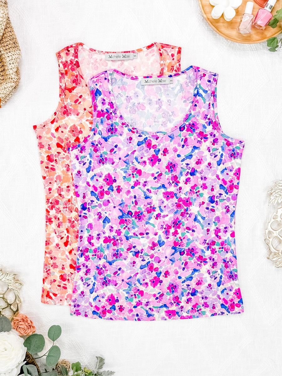 IN STOCK Luxe Crew Tank - Peach Floral Abstract