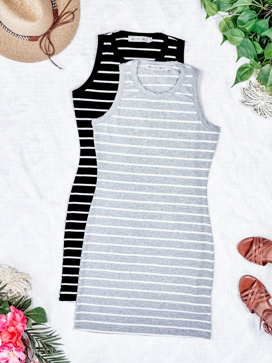 WAREHOUSE Mariah Ribbed Dress - Grey Stripes
