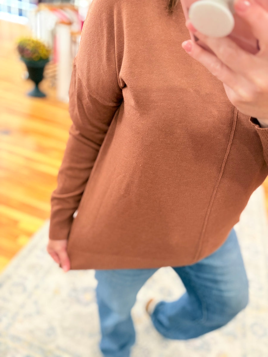 Front Seam Sweater with Side Slits- Camel