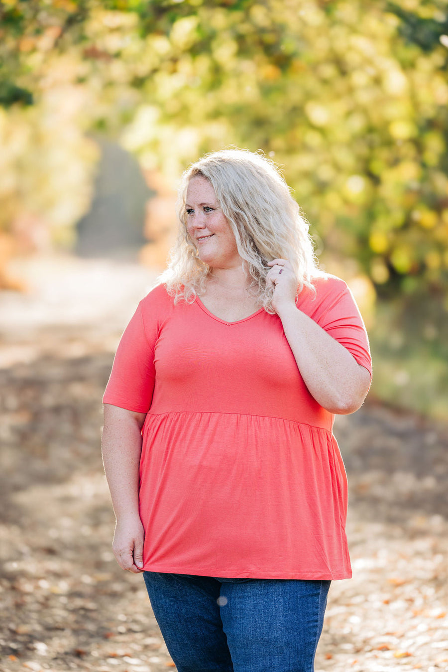 WAREHOUSE Sarah Ruffle Short Sleeve - Deep Coral | Women's Top
