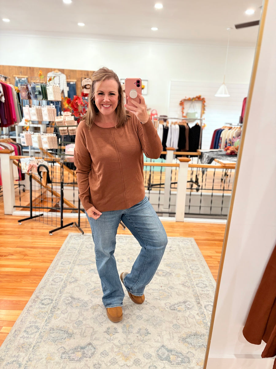 Front Seam Sweater with Side Slits- Camel